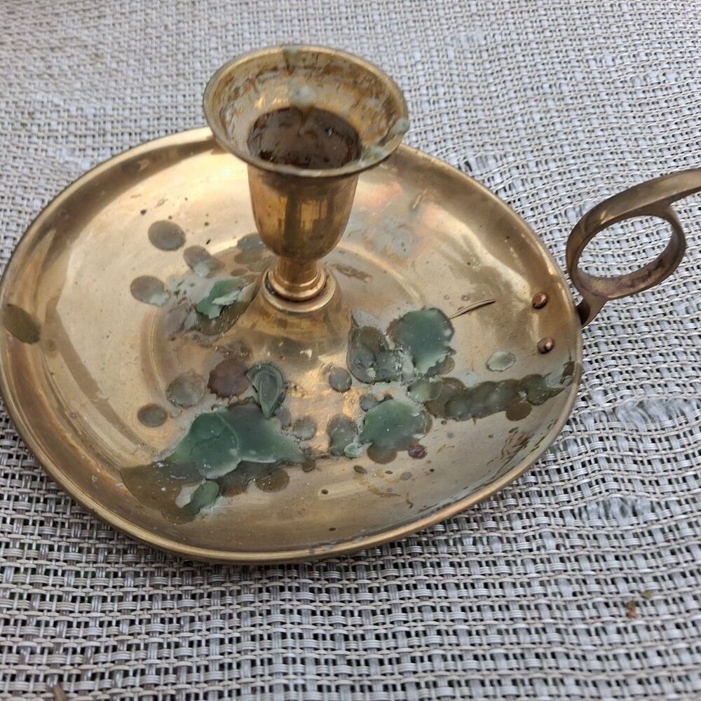 Brass Chamberstick Candle Holder with Finger Loop & Built In Drip Tray 6"